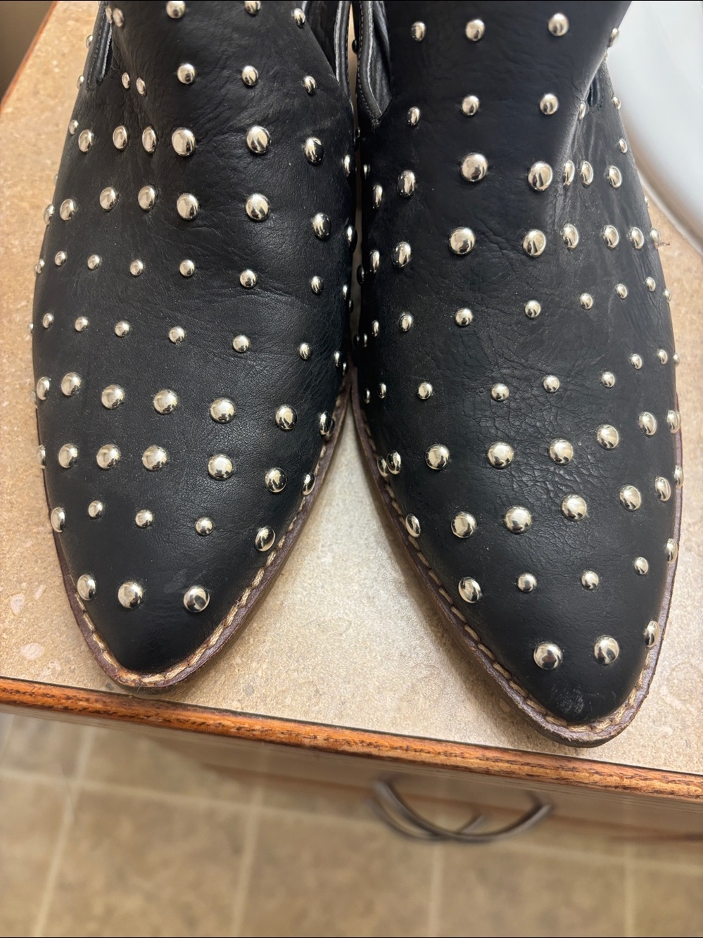 Arider Girl Black Studded chucky heel easy slip on boot look shoe